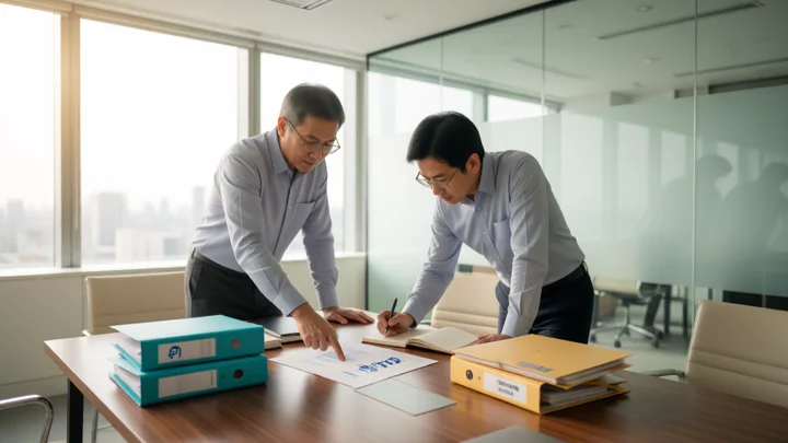 Two operations staff members stand at the conference table and check the store information folders in the order of the four layers: entity, funds, environment, and tools