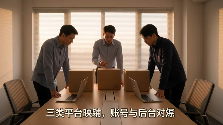 Three team members at a long office table, each facing a laptop, comparing three cardboard boxes lined up on the table, symbolizing the account and backend mapping for three types of platforms.