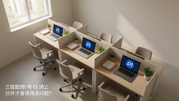 三张彼此隔开的小办公桌，每张各有一台笔记本电脑和独立的文件托盘，用于说明卖家账号、卖家中心与店铺管理工具三层各自独立
