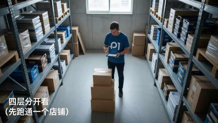 One seller in a small warehouse studies four stacked cardboard boxes, symbolizing the division of roles across the four layers of accounts, backend, operations, and environment.