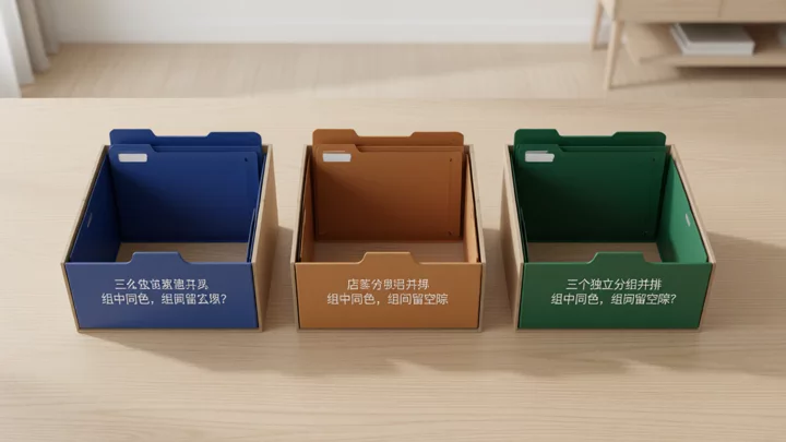Three file racks placed side by side, each holding only folders of the same color, with gaps between them, corresponding to three independent Profile groups for three platforms on the same computer.