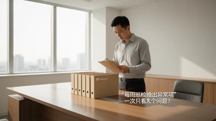 运营负责人手持夹板核对桌上一排文件夹，其中一份被单独抽出检查