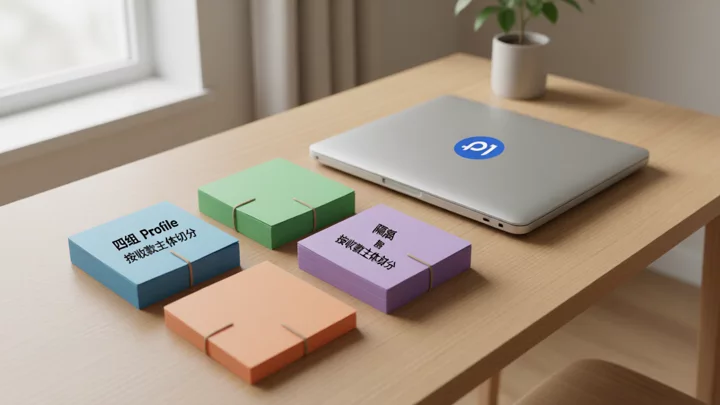 四组彩色分组卡对应四个运营组，旁边是合盖工作站