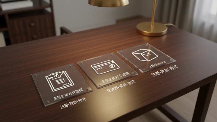 注册、收款、物流三层主体交叉比对的示意图：三张卡片分别代表营业执照、银行账户和发货仓
