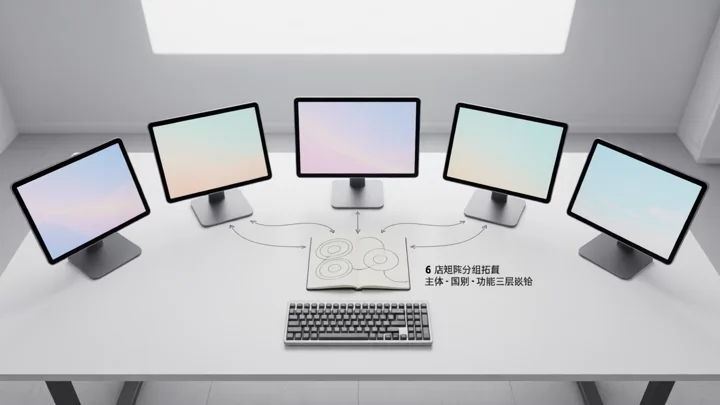 六家本土店按主体、国别、功能三层嵌套的分组拓扑示意