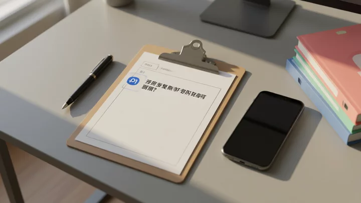 On the desk sit a clipboard with a checklist waiting to be ticked off, a pen, and folders color-coded by store