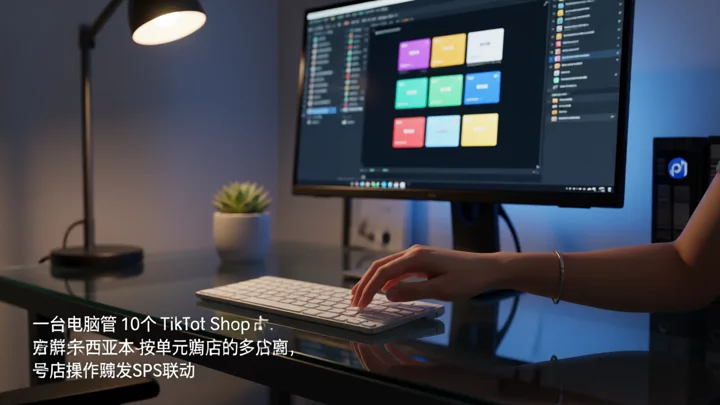 运营团队在工作站前为不同店铺单元配置子账号权限的侧面场景