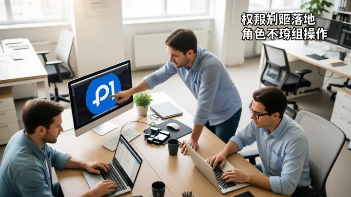 三人团队共享一台工作站，中间操作者指向屏幕进行权限交接