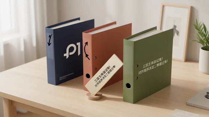 三个文件夹依次排列，示意注册主体、收款主体、物流主体三层交叉验证的递进关系