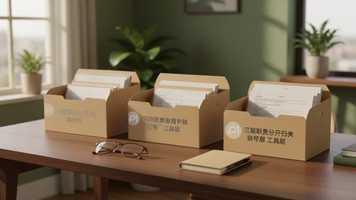 桌面上并排摆放的三组纸质文件收纳盒，分别对应卖家账号、卖家中心和店铺管理工具三层职责