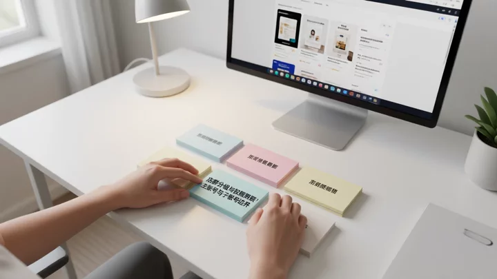 双手将六张不同颜色的卡片按店群分组排列在桌面上