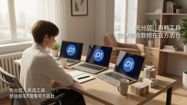 办公桌上并排摆放的三台笔记本电脑与记录本，示意多平台店铺分开管理