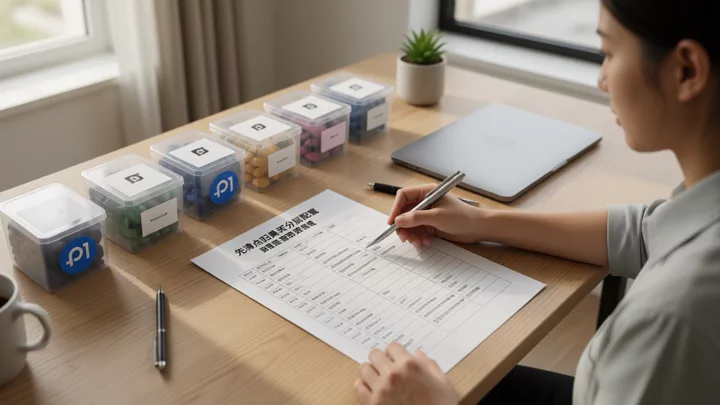 The seller organizes the sorting boxes at the desk according to the checklist, matching the configuration order grouped by entity and store.