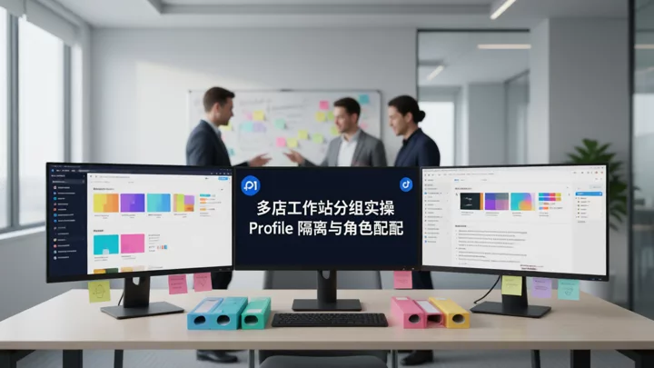 开放式办公室内工作站场景：双屏浏览器分组、彩色文件夹与背景团队协作白板