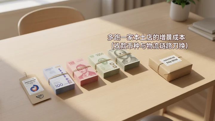 四种货币与本土物流包裹并排摆放，示意跨境店与本土店在收款币种和物流链路方面的差异