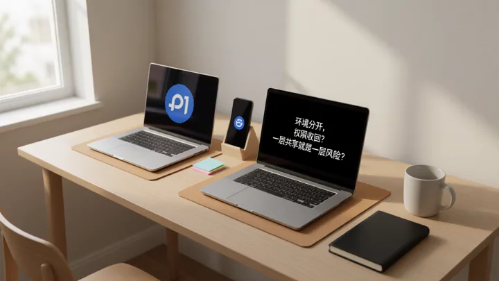 Independent computers and phones prepared on the same desk for different stores, used to illustrate that multi-store login environments need to be separated